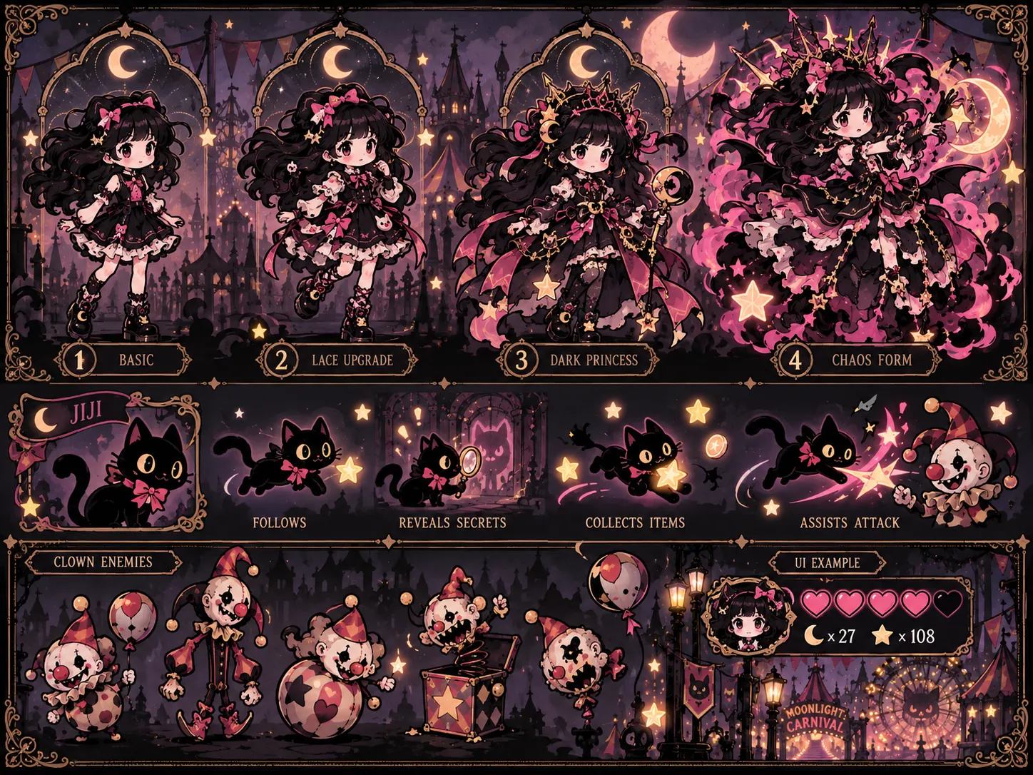 Goth Girl outfit and power-up transformations beside Jiji concept sketches