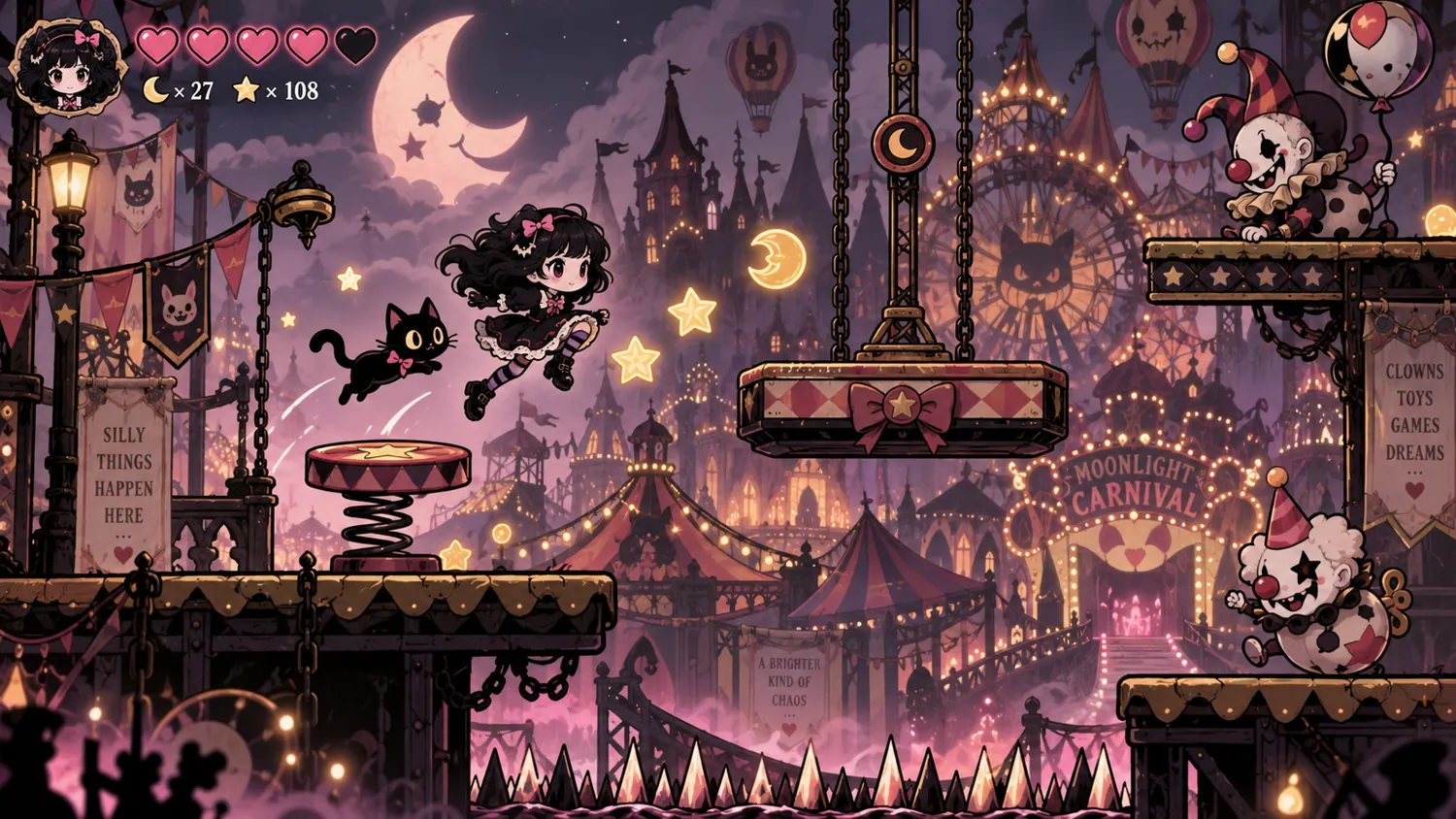 Concept art: Goth Girl and Jiji jumping between platforms in a moonlit carnival