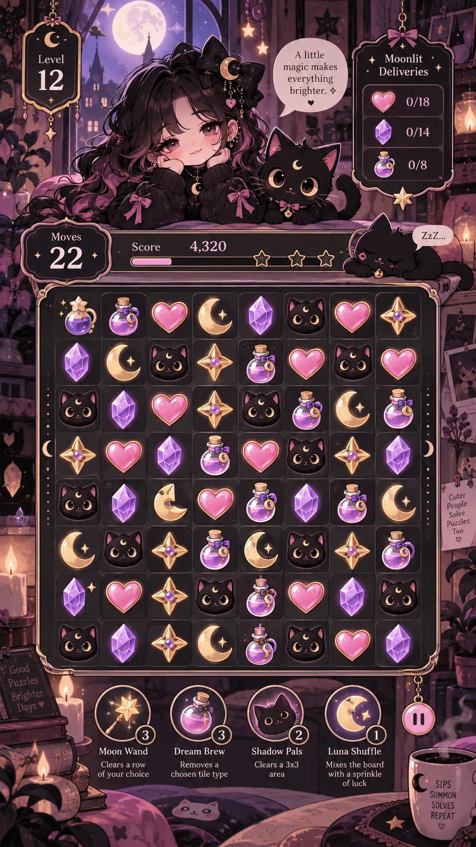A pink and purple match-3 puzzle board with crescent moons, hearts and black cats