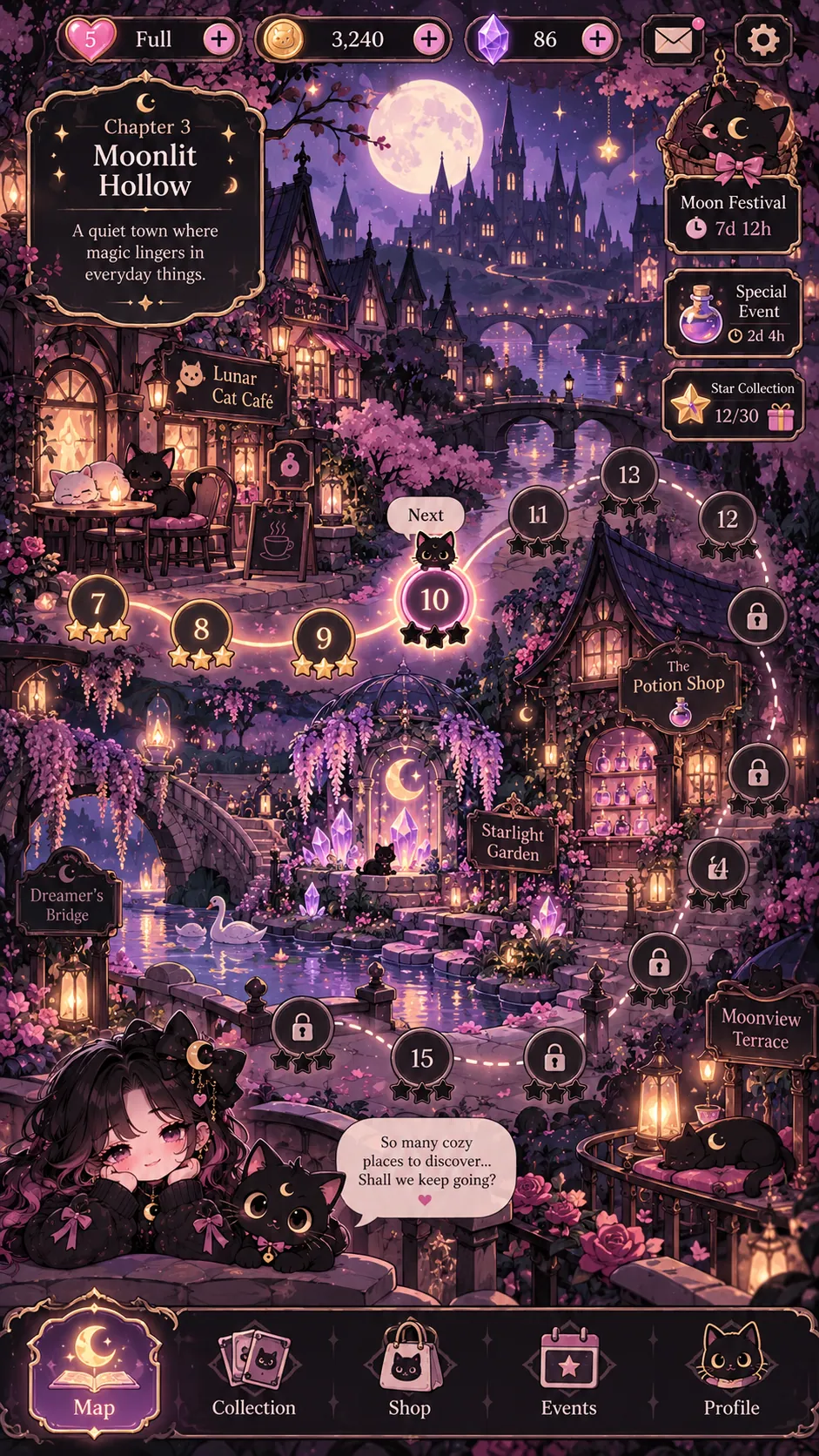 Moonlit Hollow illustrated level map with cozy houses and a winding glowing path