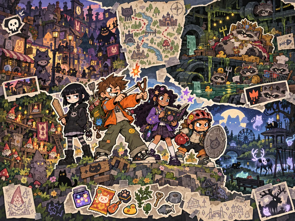 A group of young female cartoon adventurers amid funny quest objects and strange locations